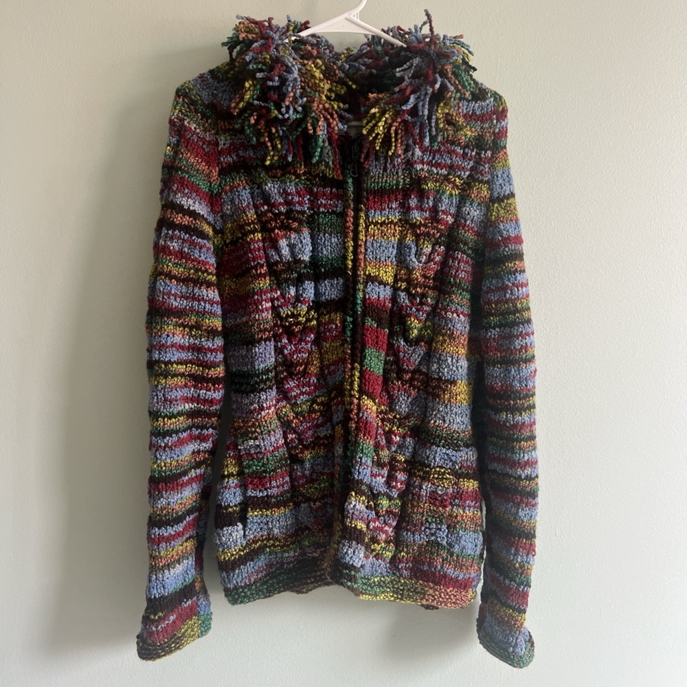 The Sweater Venture 90’s zip up shaggy blue wool stripe chunky sweater S Vintage